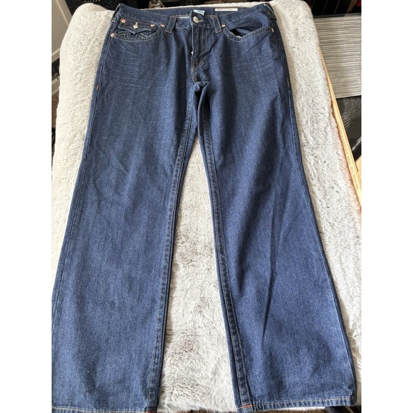 True Religon Ricky Mens Jeans Blue Denim Size 38x32 Flap rear pockets - Picture 1 of 12